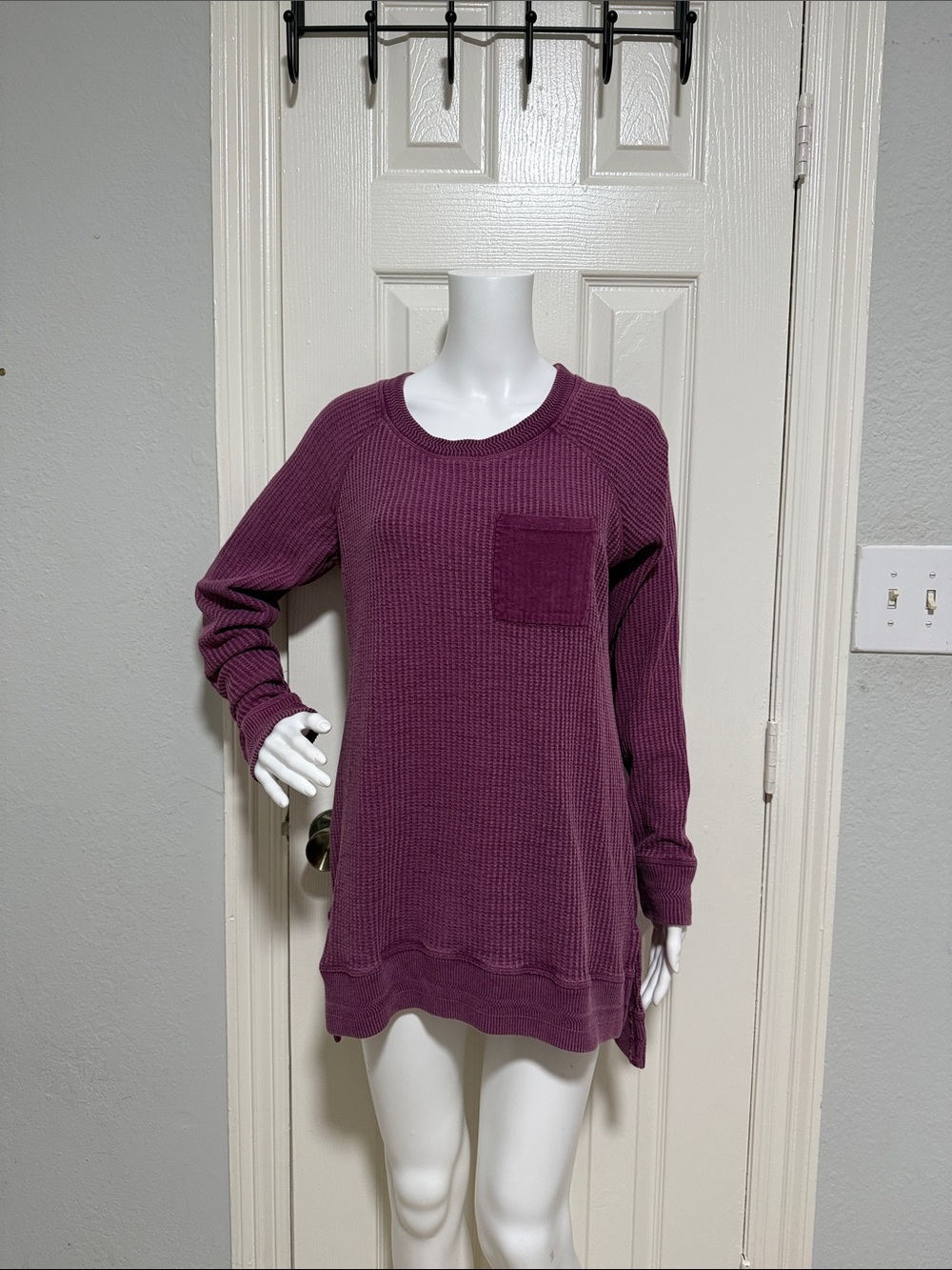 Soft Surroundings Waffle-Knit Pocket Sweater in Plum
